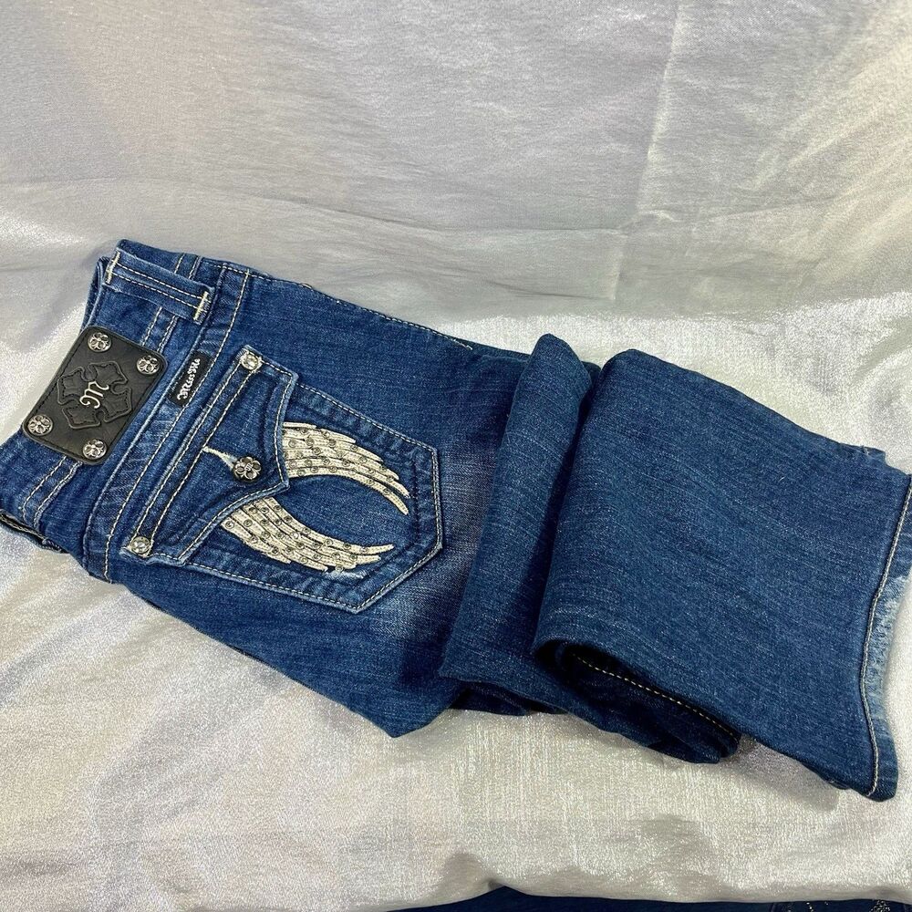 MISS ME Distressed Boot Jeans Size 29 Embellished Bling Angel Wing Flap Pockets